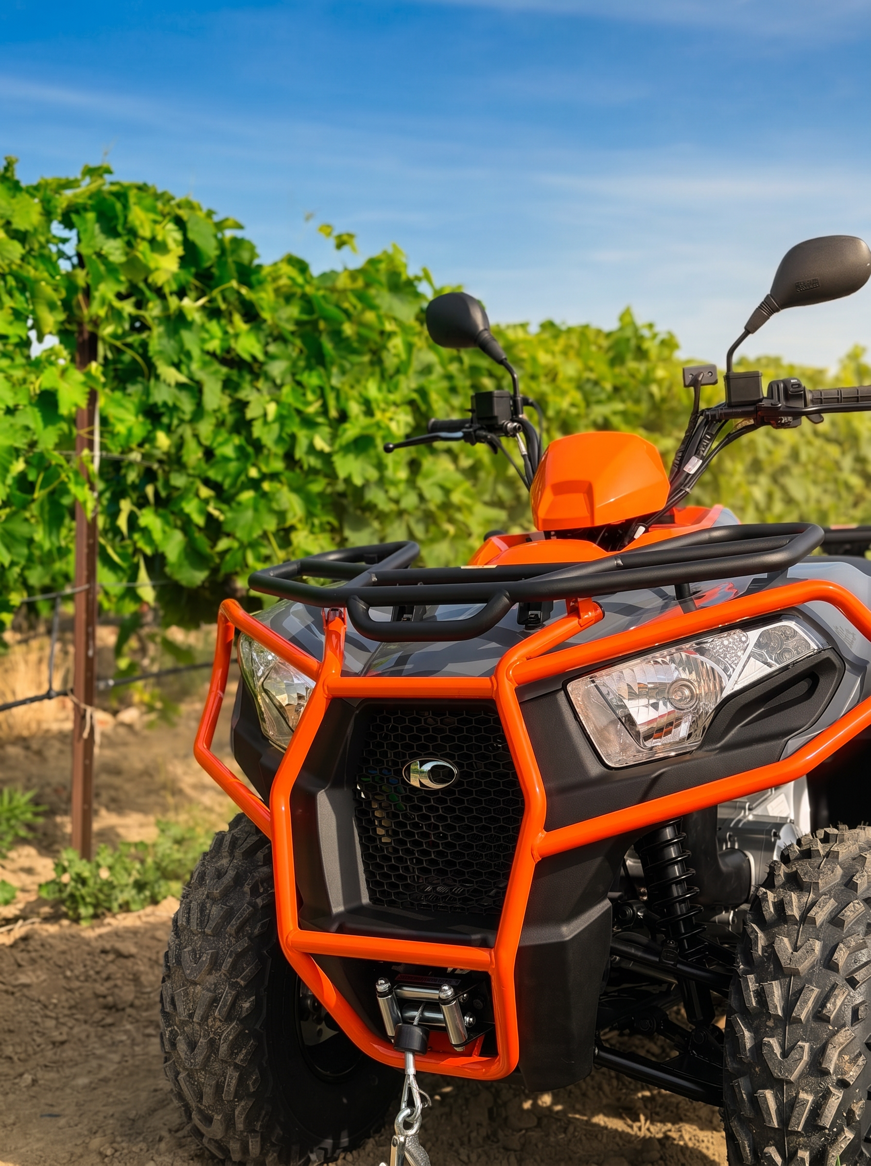 Quad Kymco orange devant les vignes au pied du Mont Ventoux