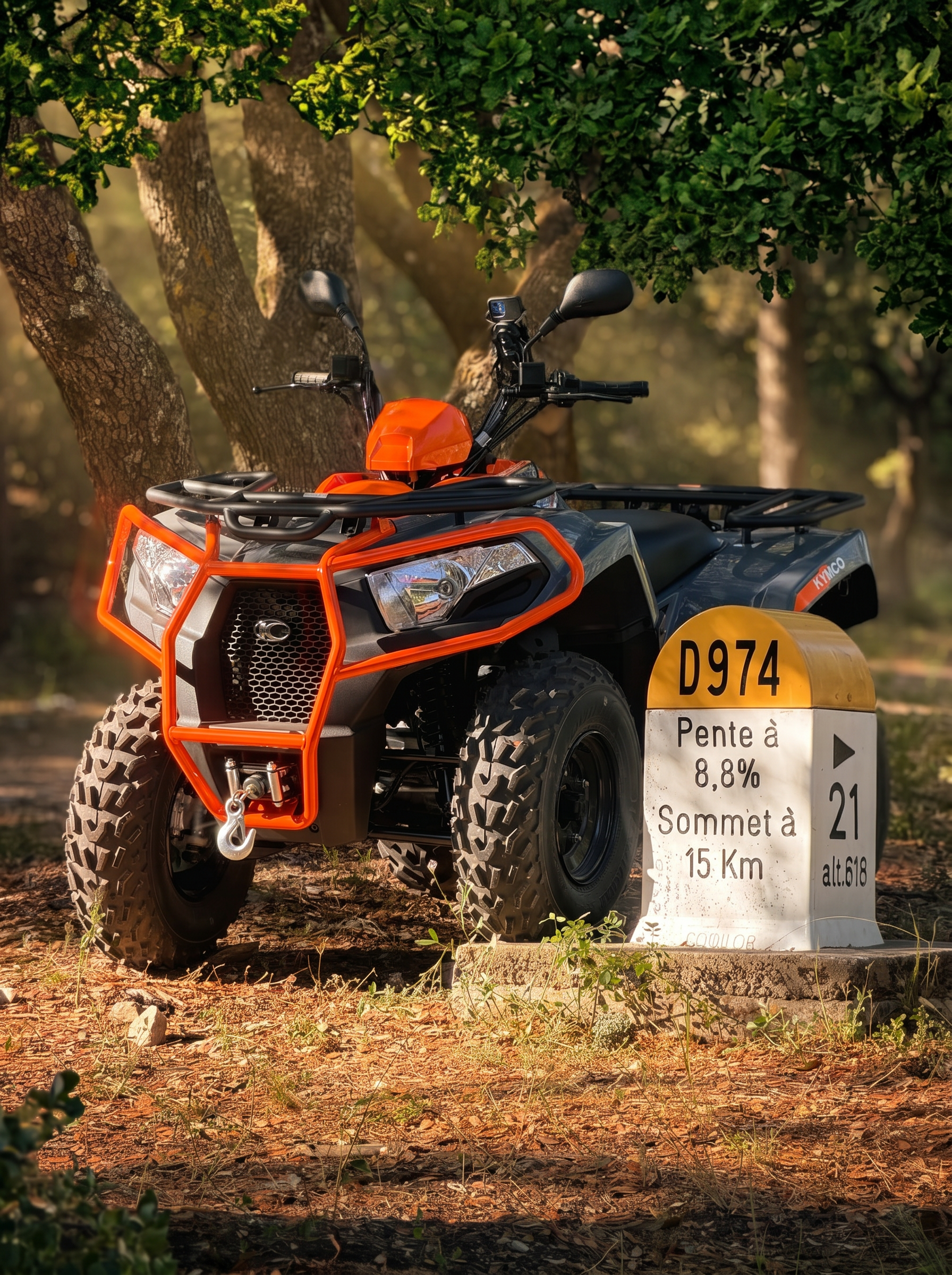 Quad MyQuad à l'ombre d'une chênaie près de la borne D974 du Ventoux